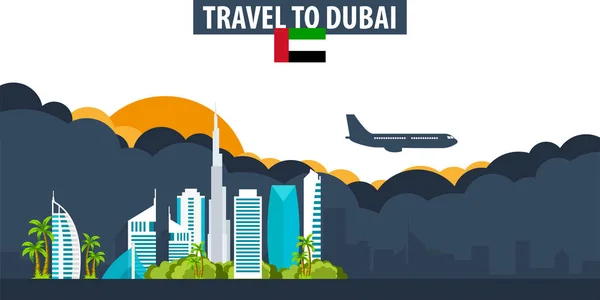 Travel to Dubai. Travel and Tourism banner. Clouds and sun with — Stock Vector