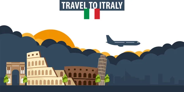 Viajar a Italia. Banner de viajes y turismo. Nubes y sol con — Vector de stock