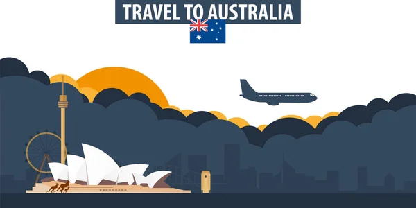 Viajar a Australia. Banner de viajes y turismo. Nubes y sol w — Vector de stock