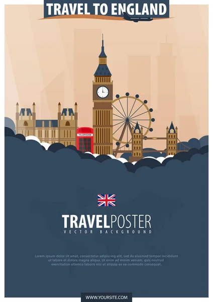 去英国旅行。旅游和旅游海报。矢量扁 illust — 图库矢量图片