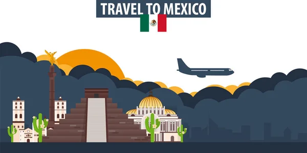 Viaje ao México. Banner de viagem e turismo. Nuvens e sol com — Vetor de Stock