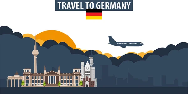 Viajar a Alemania. Banner de viajes y turismo. Nubes e ingenio del sol — Archivo Imágenes Vectoriales