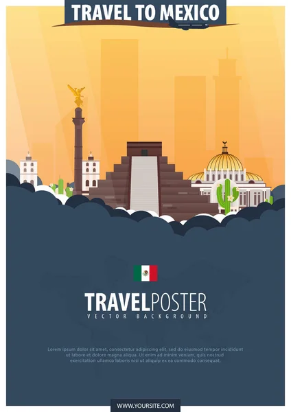 Reise nach Mexiko. Reise- und Tourismusposter. Vektor flach illustr — Stockvektor