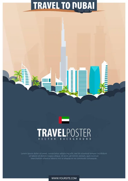 Cestování do Dubaj, Spojené arabské emiráty. Cestování a cestovní ruch plakát. Vektor byt špatně — Stockový vektor