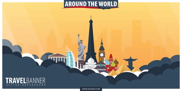 Ao redor do mundo. Cartaz de viagem e turismo. Vector flat illustr —  Vetores de Stock