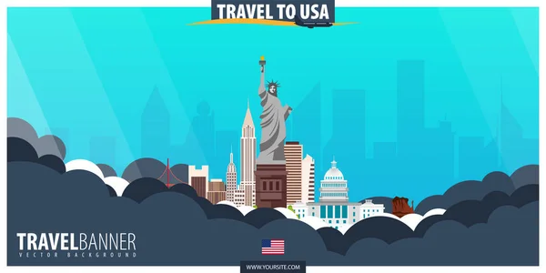 Viajar a Estados Unidos. Cartel de viajes y turismo. Ilustración plana vectorial — Vector de stock
