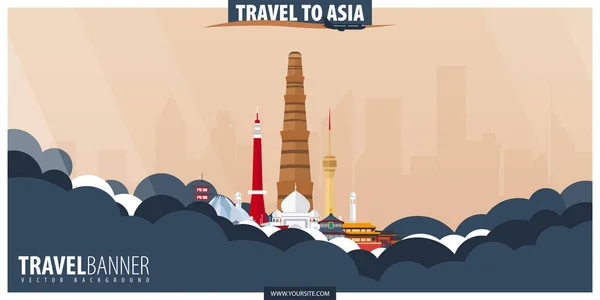 Resa till Asien. Resor och turism affisch. Vector platt nedanstående — Stock vektor