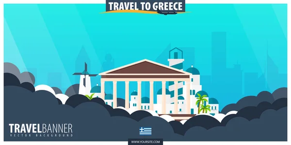 Cestování do Řecka. Cestování a cestovní ruch plakát. Vektor plochý illustr — Stockový vektor