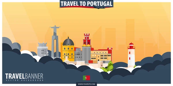 去葡萄牙旅行。旅游和旅游海报。矢量扁 illus — 图库矢量图片
