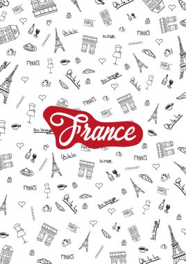 Fransa ve Paris elle çizilmiş karalamalar seyahat. Vektör çizim.