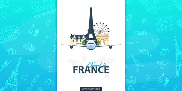 Франція і банер подорожі Парижа. З плоским і doodle елементами. Каракулі фону. Векторні ілюстрації. — стоковий вектор