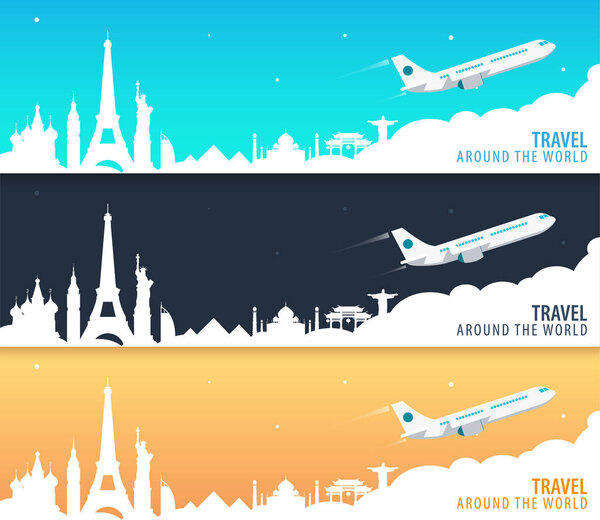 Набор дорожных знамен с ориентирами и самолетом. По всему миру. Туризм. Векторная иллюстрация
.