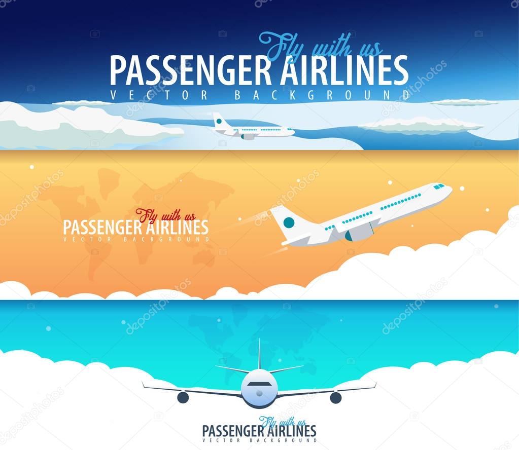 Set of Passenger Airlines banners. Clouds sky background with airplane. Vector illustration.