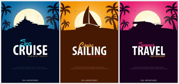 一套游艇俱乐部和帆船运动海报。海上旅行。矢量 i — 图库矢量图片