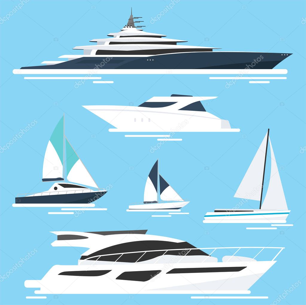 Set of yachts and boats. Sea travel. Vector illustration.