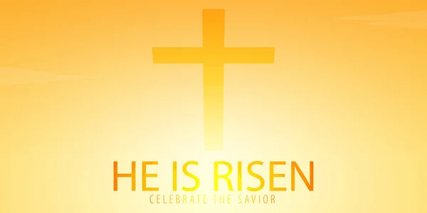 Dia adalah Risen. Rayakan sang penyelamat. Easter Church banner dengan salib, motif christian. Ilustrasi vektor . - Stok Vektor