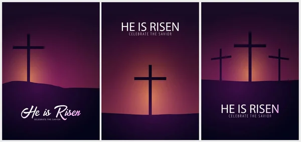 Él ha resucitado. Celebra al salvador. Conjunto de carteles de la Iglesia de Pascua con cruz, motivo cristiano. Ilustración vectorial . — Vector de stock
