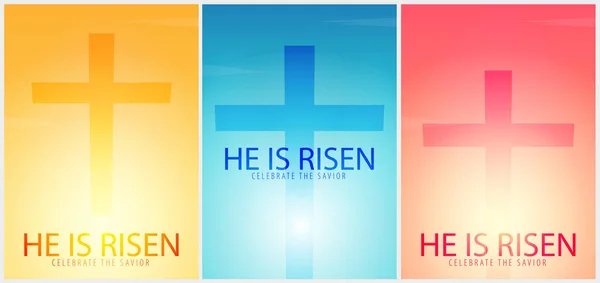 Él ha resucitado. Celebra al salvador. Conjunto de carteles de la Iglesia de Pascua con cruz, motivo cristiano. Ilustración vectorial . — Vector de stock