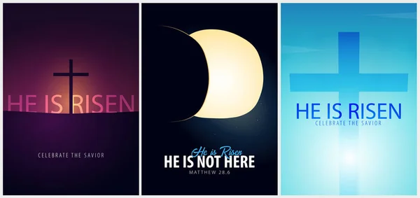 Hij is opgestaan. Vieren de Verlosser. Set van Pasen kerk posters met kruis, christelijk motief. Vectorillustratie. — Stockvector