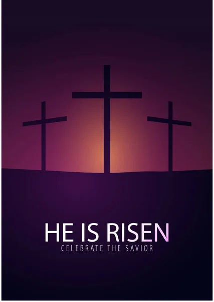 Dia adalah Risen. Rayakan sang penyelamat. Easter Church banner dengan salib, motif christian. Ilustrasi vektor . - Stok Vektor