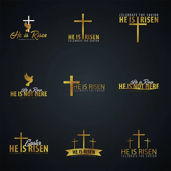 He is Risen. Church easter logo, emblem, labels or stickers with dove and cross. Vector graphics set. — Stock Vector