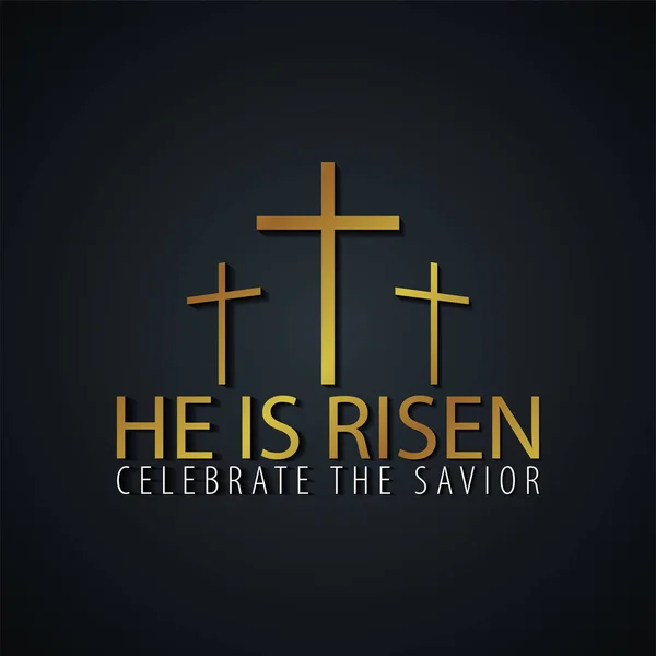 Han är uppstånden. Kyrkan påsk logotyp, emblem, etiketter eller klistermärken med cross. Vektorgrafik. — Stock vektor