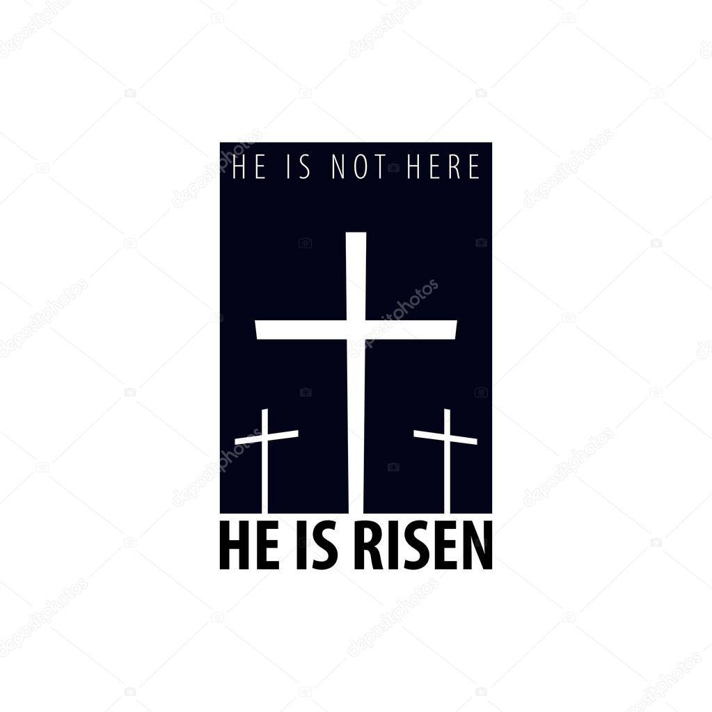 He is Risen. Church easter logo, emblem, labels or stickers with cross. Vector graphics