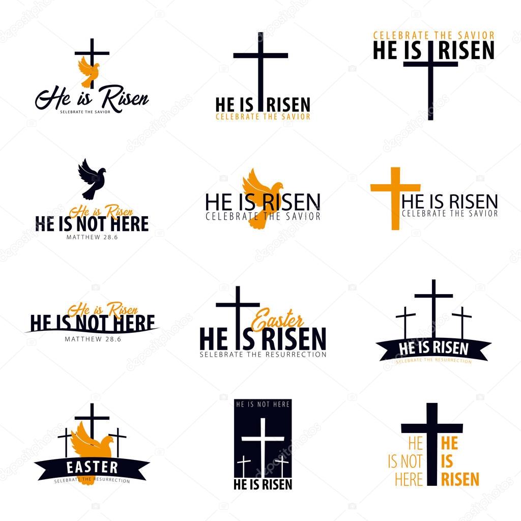 He is Risen. Church easter logo, emblem, labels or stickers with dove and cross. Vector graphics set