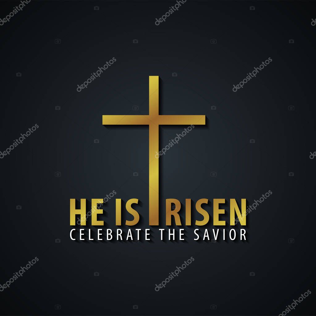 He is Risen. Church easter logo, emblem, labels or stickers with cross. Vector graphics
