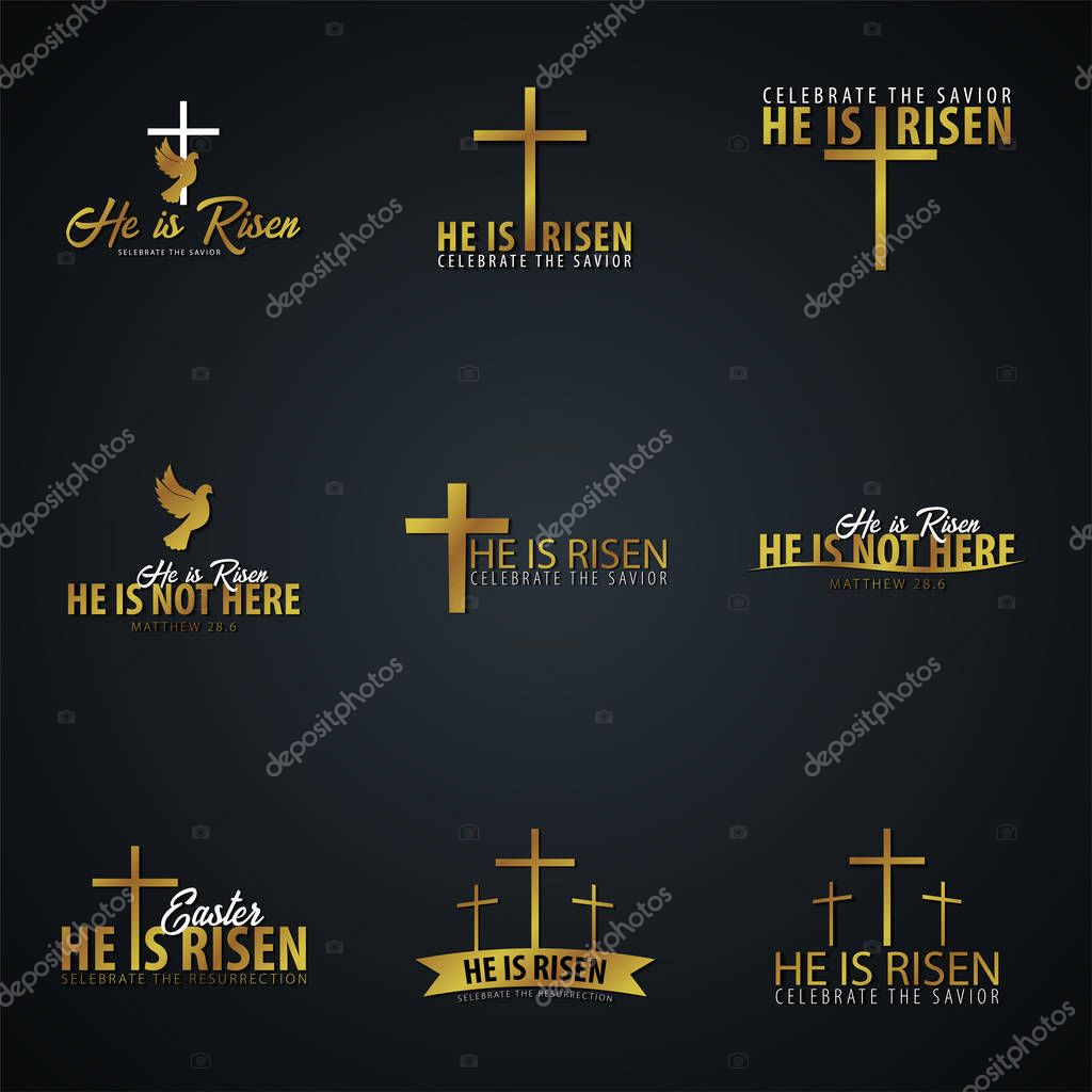 He is Risen. Church easter logo, emblem, labels or stickers with dove and cross. Vector graphics set