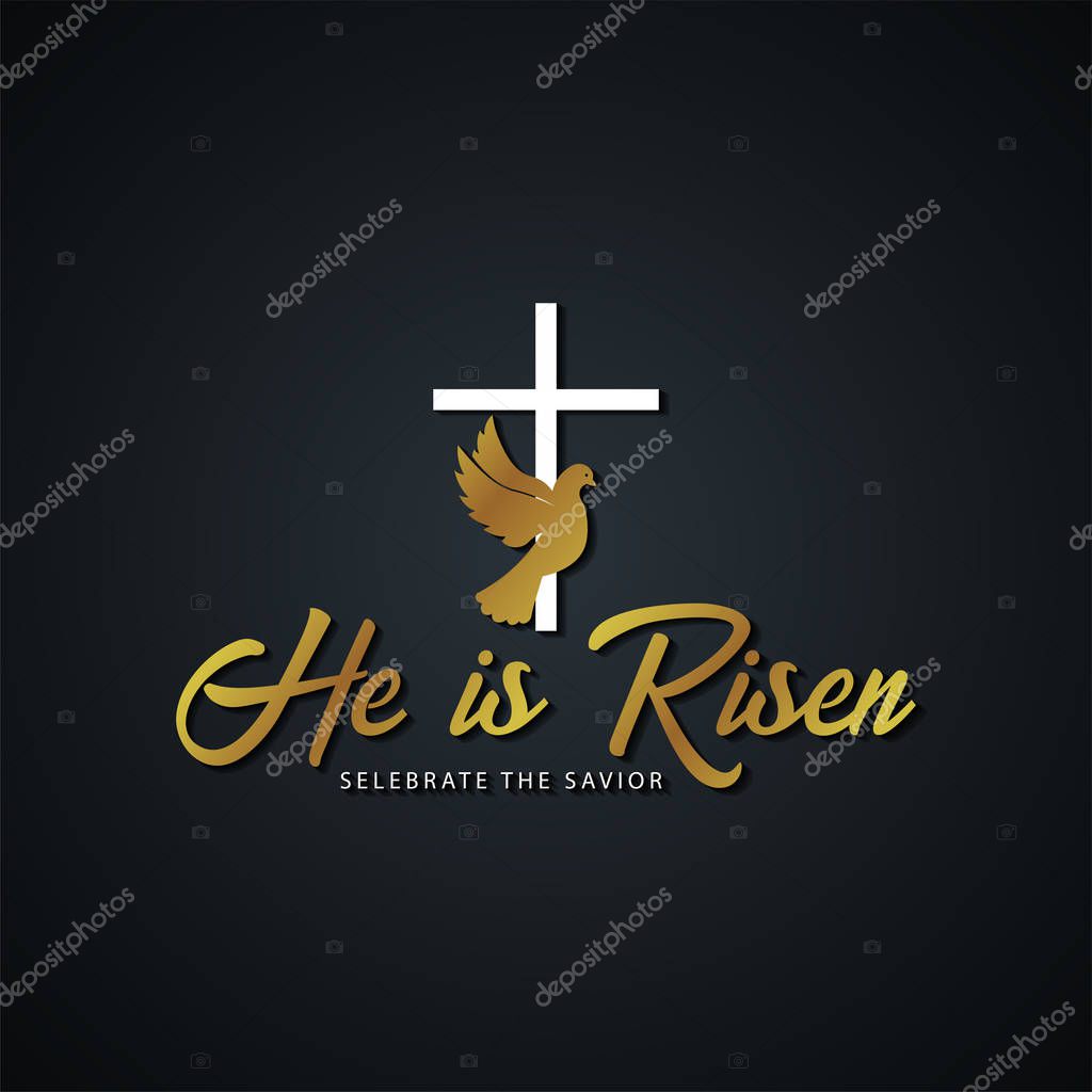 He is Risen. Church easter logo, emblem, labels or stickers with dove and cross. Vector graphics
