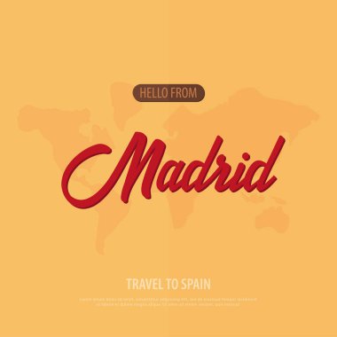 Merhaba Madrid'den. İspanya vizesi. Turistik tebrik kartı. Vektör çizim.