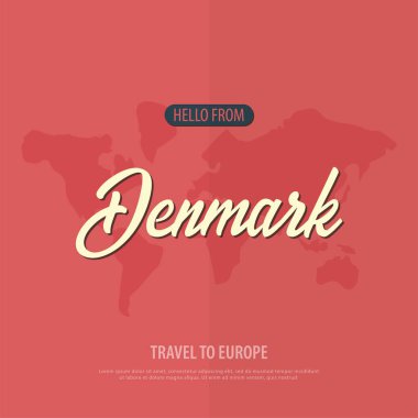 Merhaba Danimarka üzerinden. Avrupa'ya seyahat. Turistik tebrik kartı. Vektör çizim.