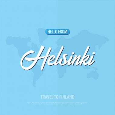 Merhaba Helsinki. Finlandiya'ya seyahat. Turistik tebrik kartı. Vektör çizim.