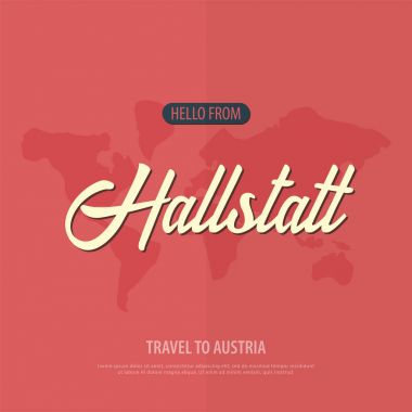 Merhaba Hallstatt üzerinden. Avusturya için seyahat. Turistik tebrik kartı. Vektör çizim.