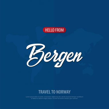 Merhaba Bergen. Norveç'e seyahat. Turistik tebrik kartı. Vektör çizim.