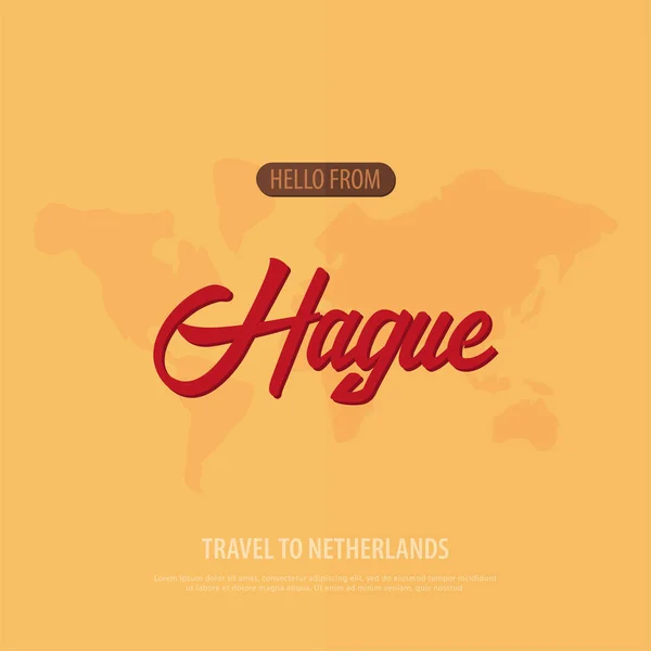 Hola desde La Haya. Viajar a Holanda. Tarjeta de felicitación turística. Ilustración vectorial . — Vector de stock