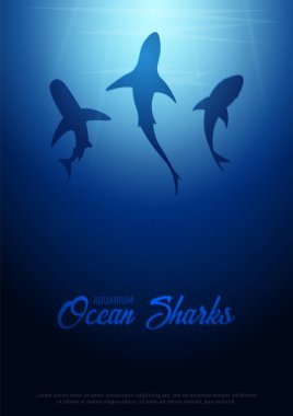 Güneş ışınları ve köpekbalığı silüeti sualtı arka plan. Derin okyanus poster. Renk vektör çizim.