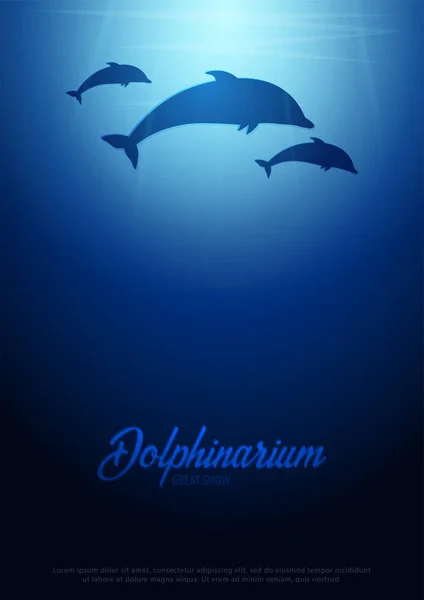Underwater bakgrund med solstrålarna och silhuetten av dolphin. Deep Ocean affisch. Färg vektorillustration. — Stock vektor