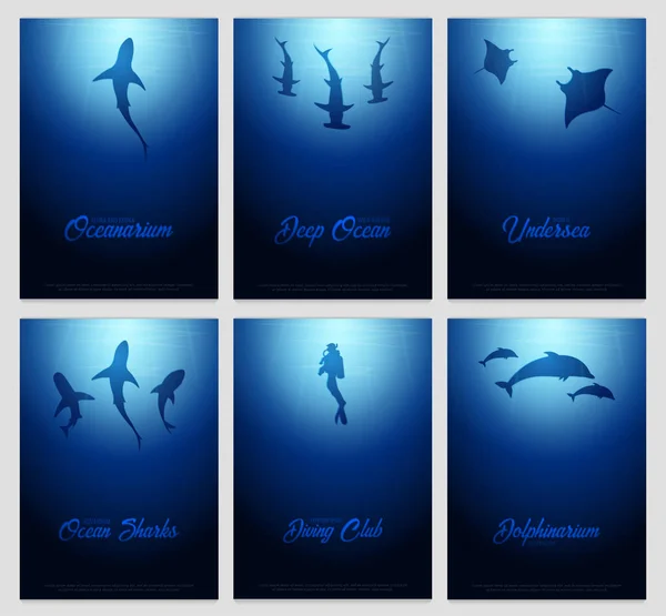 Conjunto de fundos subaquáticos com raios de sol e silhueta de peixes. Cartazes do oceano profundo. Ilustração vetorial de cores . —  Vetores de Stock