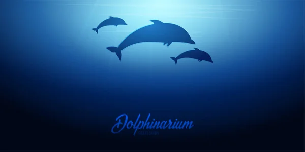 Fundo subaquático com raios de sol e silhueta de golfinho. Estandarte do oceano profundo. Ilustração vetorial de cores . —  Vetores de Stock