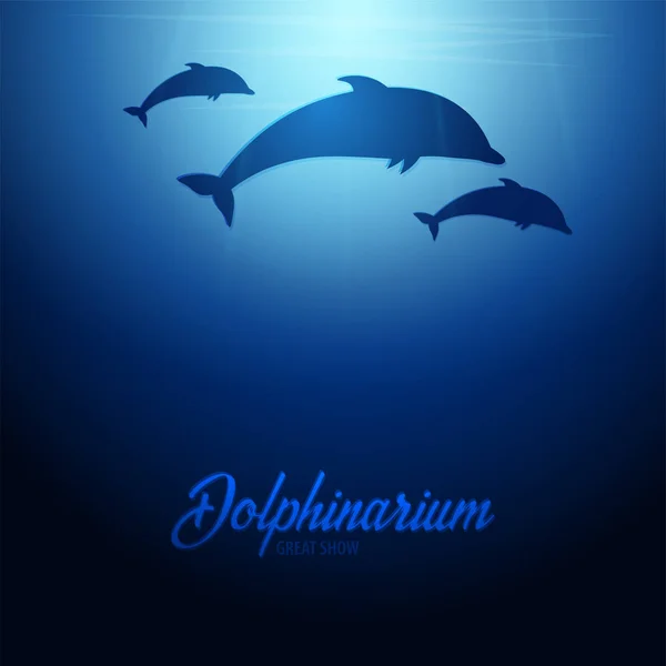 Fondo subacqueo con raggi di sole e silhouette di delfino. Bandiera dell'oceano profondo. Illustrazione vettoriale a colori . — Vettoriale Stock