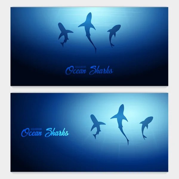 Fondo subacqueo con raggi di sole e silhouette di Squalo. Bandiera dell'oceano profondo. Illustrazione vettoriale a colori . — Vettoriale Stock
