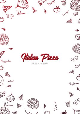 Pizza yemek menüsü için restoran ve kafe. Grafik öğeleri elle çizilmiş doodle tarzı tasarım şablonu. Vektör çizim.
