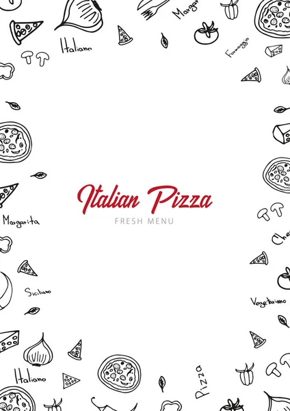 Pizza meny för restaurang och café. Formgivningsmall med handritade grafiska element i doodle stil. Vektorillustration. — Stock vektor