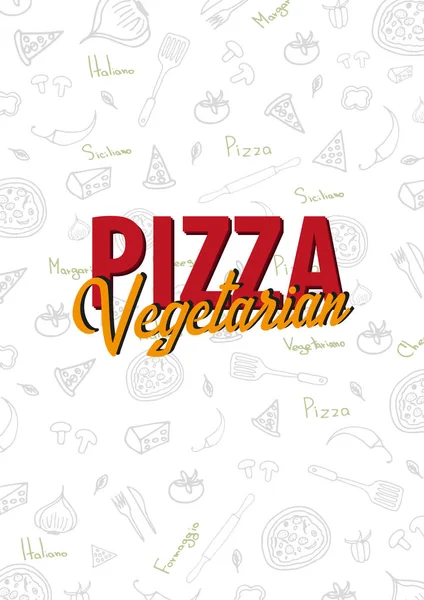 Menú de comida de pizza para restaurante y cafetería. Plantilla de diseño con elementos gráficos dibujados a mano en estilo doodle. Ilustración vectorial . — Vector de stock