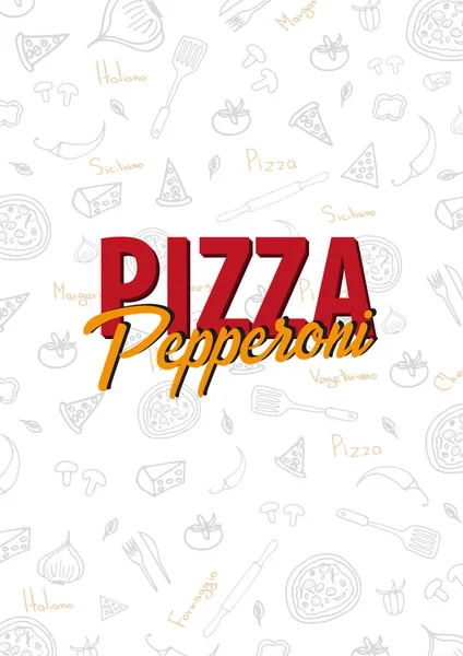 Menú de comida de pizza para restaurante y cafetería. Plantilla de diseño con elementos gráficos dibujados a mano en estilo doodle. Ilustración vectorial . — Vector de stock