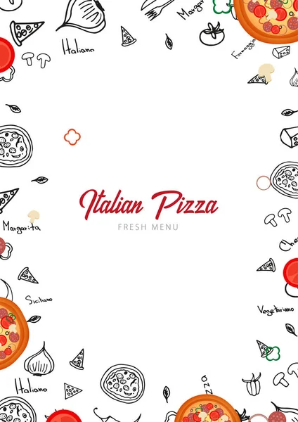 Pizza yemek menüsü için restoran ve kafe. Grafik öğeleri elle çizilmiş doodle tarzı tasarım şablonu. Vektör çizim. — Stok Vektör