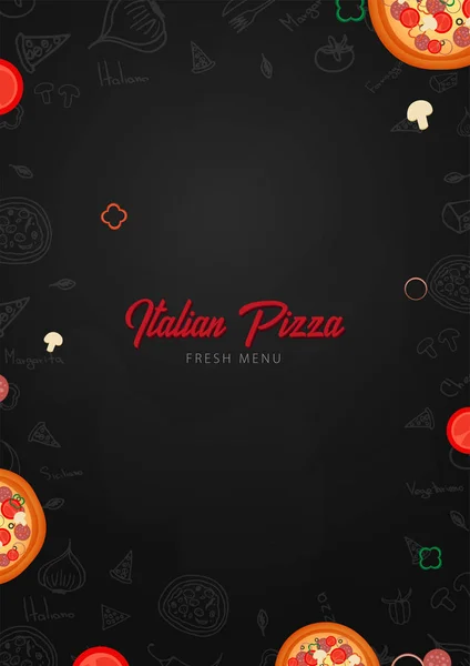 Pizza yemek menüsü için restoran ve kafe. Grafik öğeleri elle çizilmiş doodle tarzı tasarım şablonu. Vektör çizim. — Stok Vektör