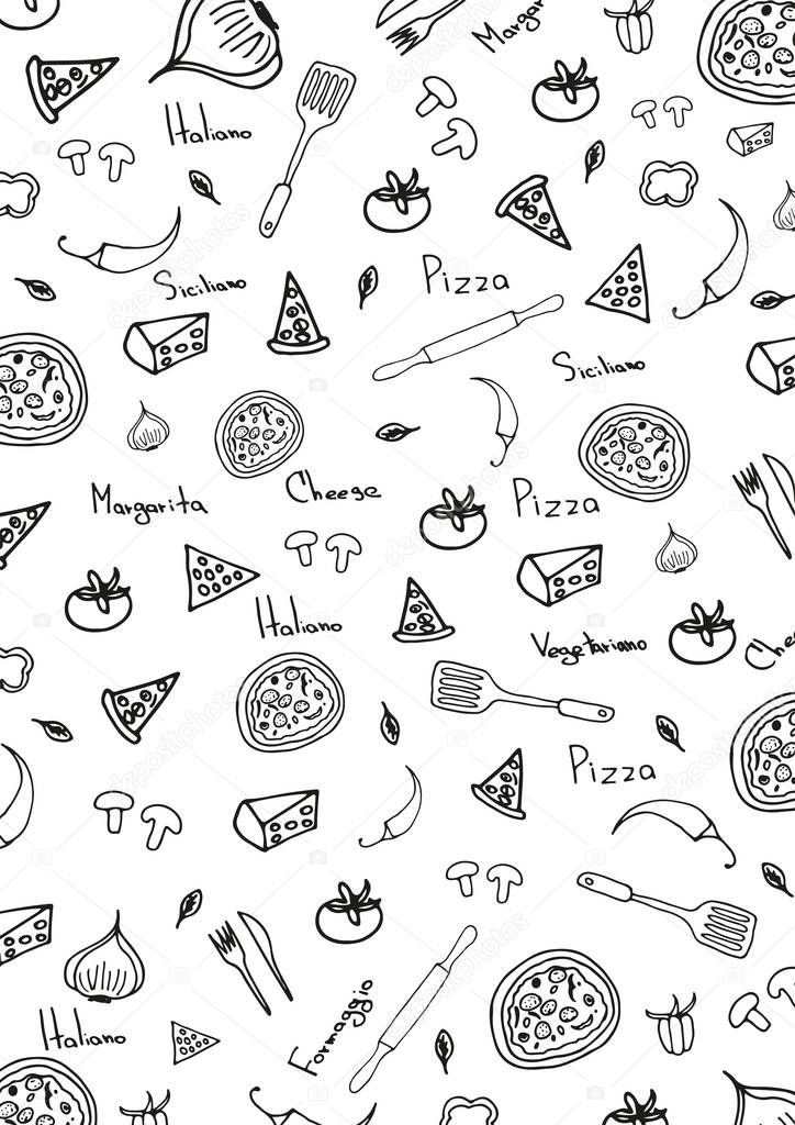 Pizza Pattern. Pizza Background in Doodle Style. Vector illustration.